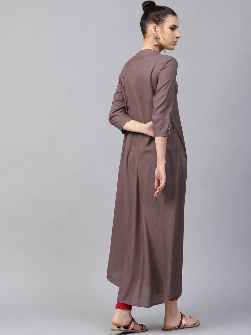 Women Grey Rayon Embroidered Long Kurta