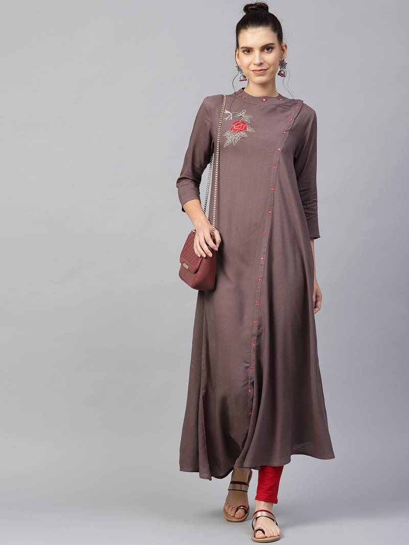 Women Grey Rayon Embroidered Long Kurta