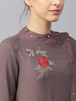 Women Grey Rayon Embroidered Long Kurta 4