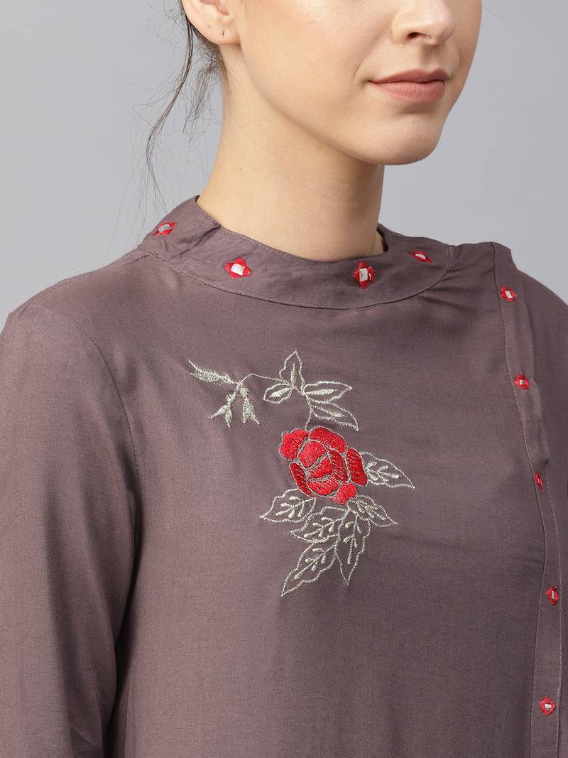 Women Grey Rayon Embroidered Long Kurta