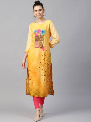 Women Yellow Rayon Printed Long Kurta 1