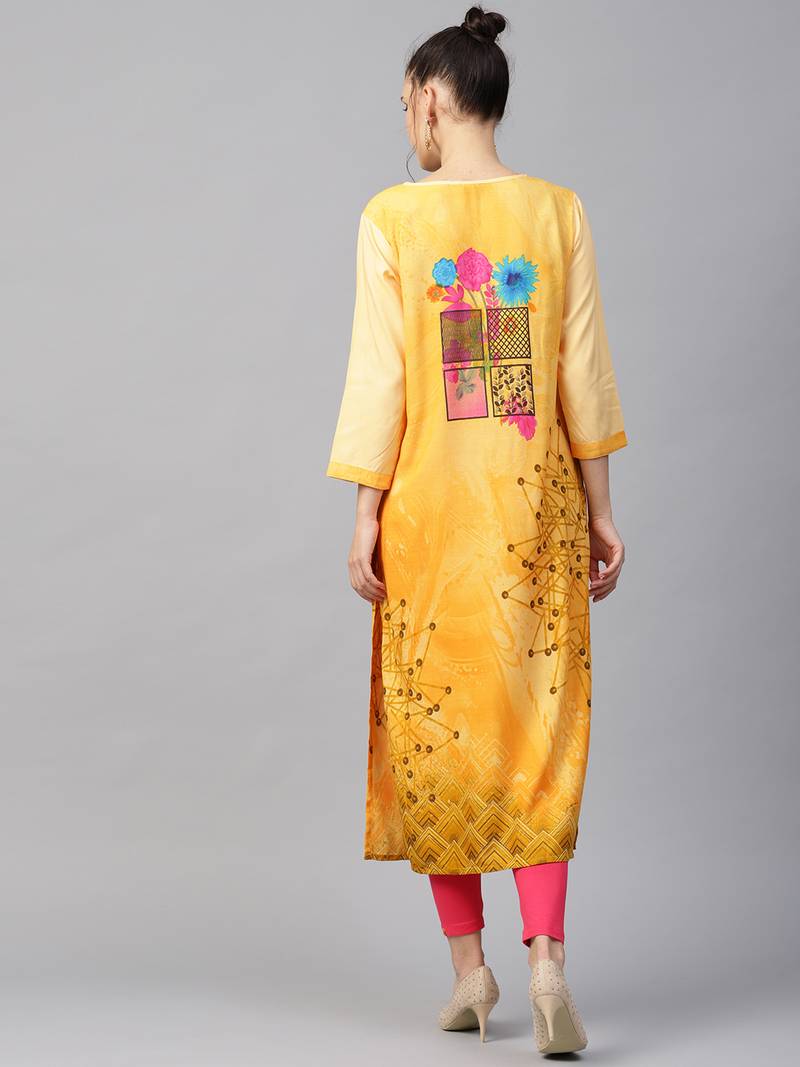 Women Yellow Rayon Printed Long Kurta