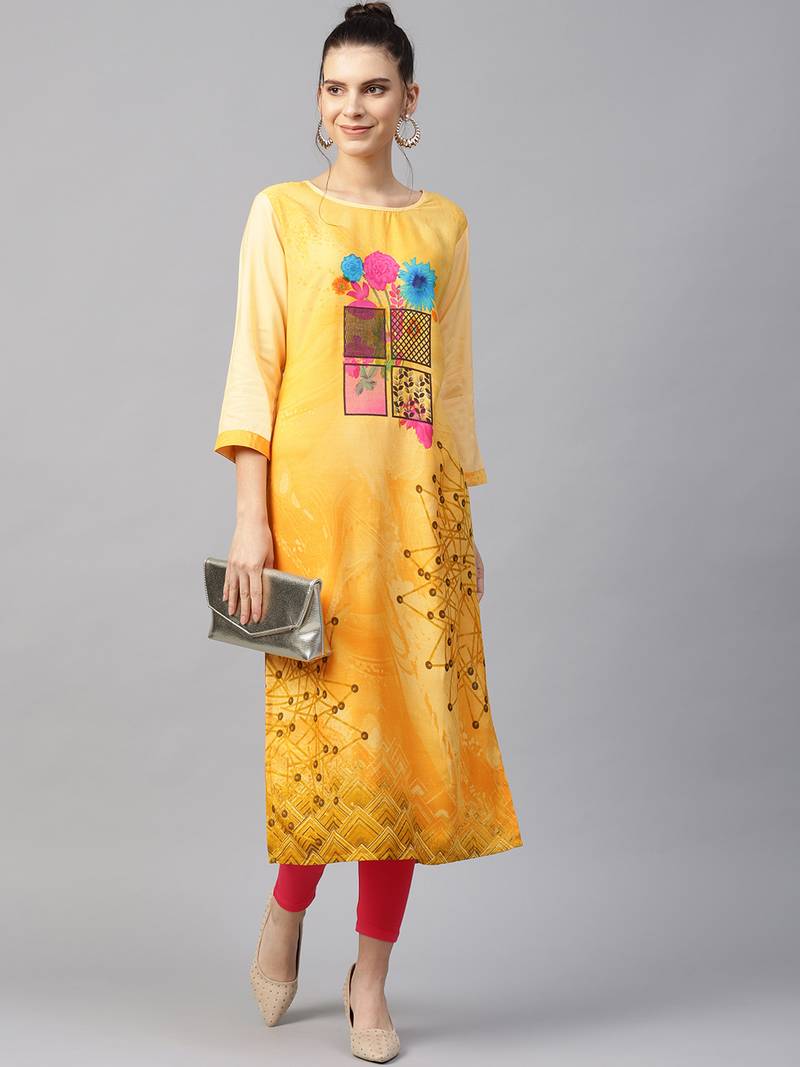 Women Yellow Rayon Printed Long Kurta