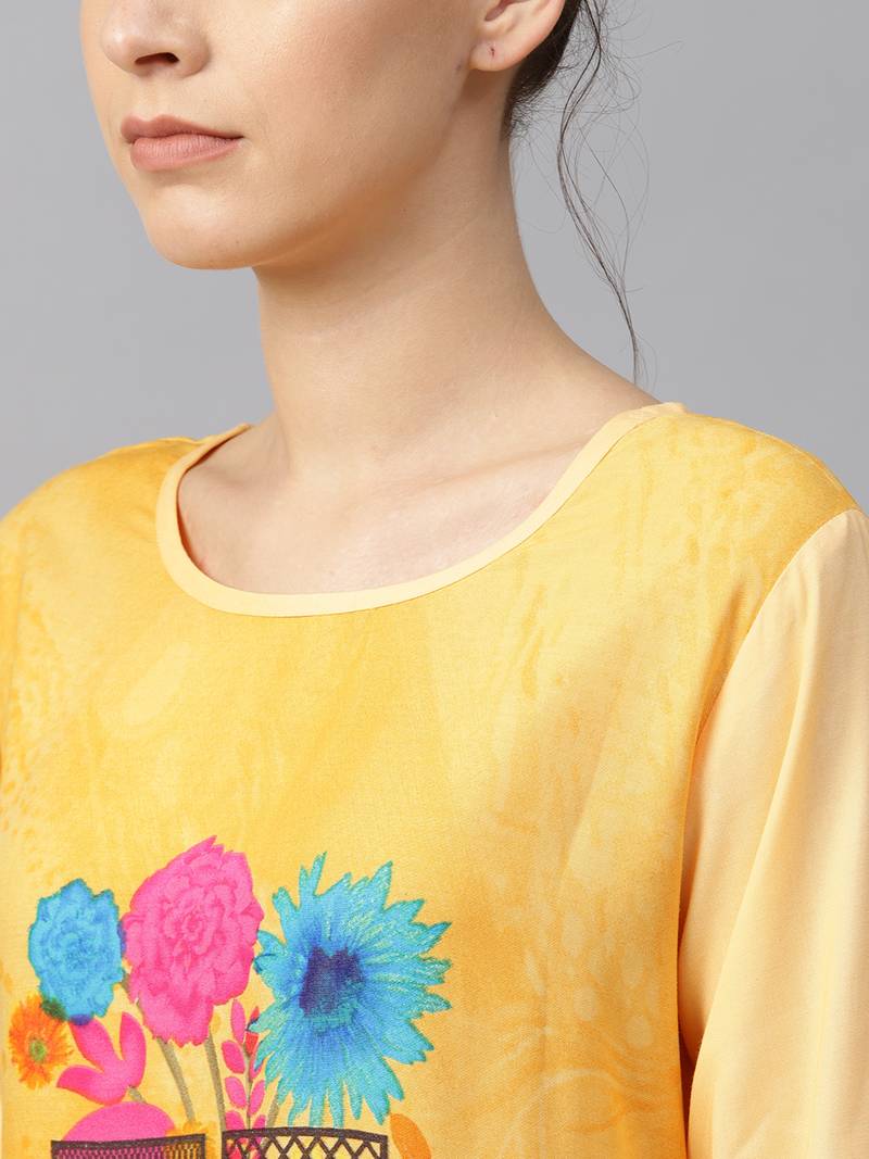 Women Yellow Rayon Printed Long Kurta