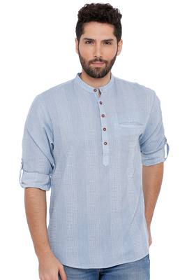 Men'S Cotton Self Textured Sky Blue Colour Roll Up Short Kurta 1