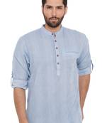Men'S Cotton Self Textured Sky Blue Colour Roll Up Short Kurta