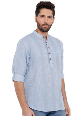 Men'S Cotton Self Textured Sky Blue Colour Roll Up Short Kurta 3