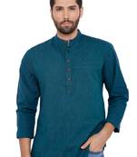 Men'S Cotton Self Textured Peacock Blue Colour Roll Up Short Kurta