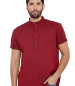 Men'S Cotton Self Textured Maroon Colour Half Sleeves Short Kurta
