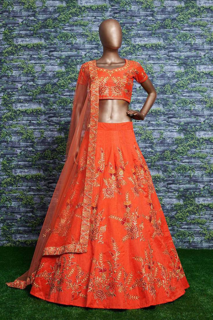 Orange Embroidered Art Silk Lehenga Choli