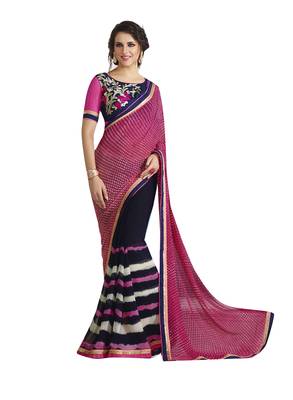 Pink printed georgette saree with blouse 1