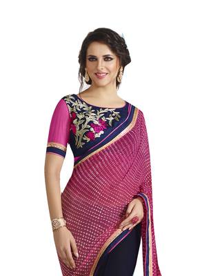 Pink printed georgette saree with blouse 2