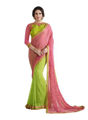 Green printed georgette saree with blouse 1