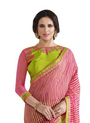 Green printed georgette saree with blouse 2