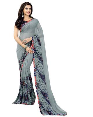 Grey printed georgette saree with blouse 1