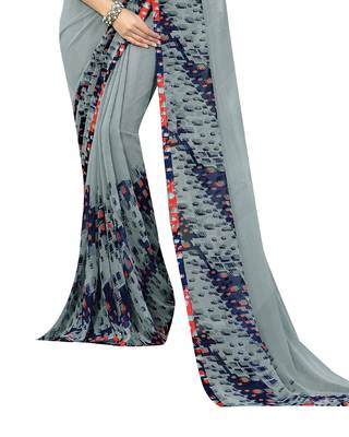 Grey printed georgette saree with blouse 3