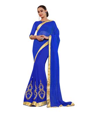 Blue printed georgette saree with blouse 1