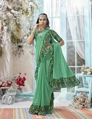 Green plain chiffon saree with blouse 1