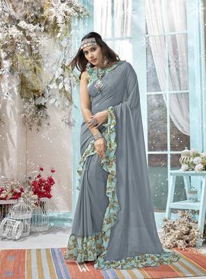 Grey plain chiffon saree with blouse 1
