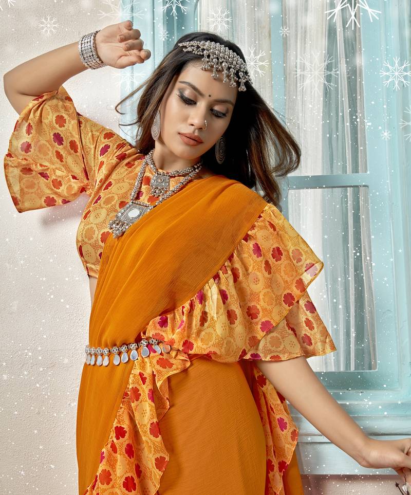 Mustard Plain Chiffon Saree With Blouse Triveni 3136984 Mustard Plain Chiffon Saree With Blouse Triveni 3136984
