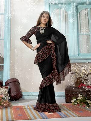 Black plain chiffon saree with blouse 1