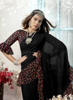 Black plain chiffon saree with blouse 2