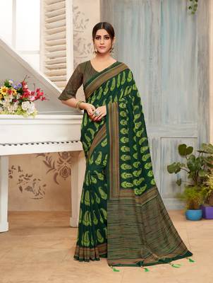 Green printed chanderi silk saree with blouse 1