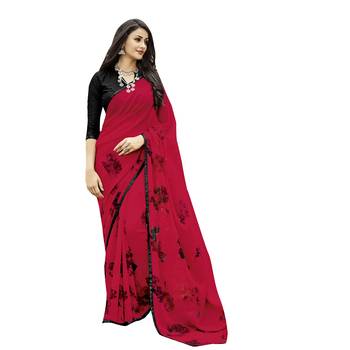 Red printed georgette saree with blouse 1