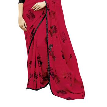 Red printed georgette saree with blouse 3