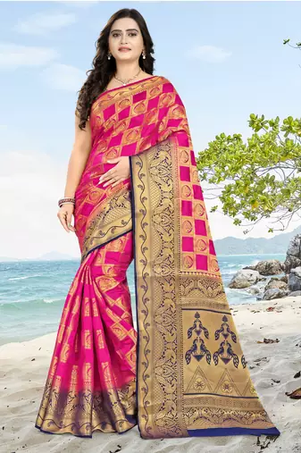 Pink Printed Banarasi Silk Saree With Blouse