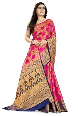 Pink Printed Banarasi Silk Saree With Blouse 3