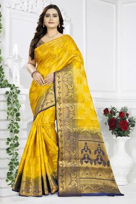 Yellow Printed Banarasi Silk Saree With Blouse 1