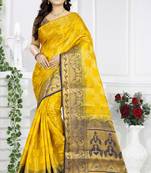 Yellow Printed Banarasi Silk Saree With Blouse