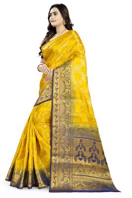 Yellow Printed Banarasi Silk Saree With Blouse 2