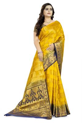 Yellow Printed Banarasi Silk Saree With Blouse 3