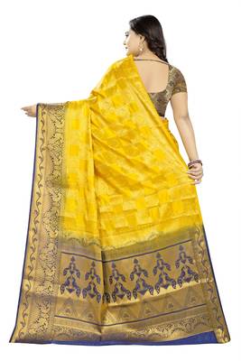 Yellow Printed Banarasi Silk Saree With Blouse 4