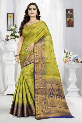 Green Printed Banarasi Silk Saree With Blouse 1
