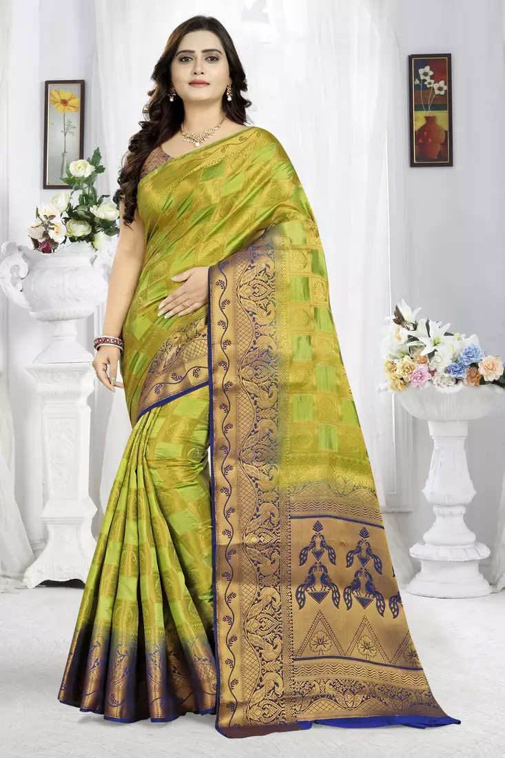 Green Printed Banarasi Silk Saree With Blouse