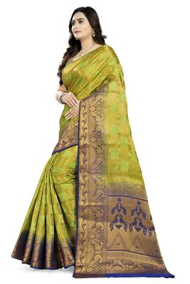 Green Printed Banarasi Silk Saree With Blouse 2