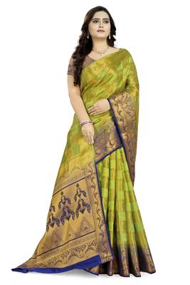 Green Printed Banarasi Silk Saree With Blouse 3