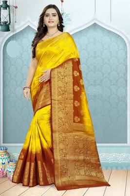 Yellow Printed Banarasi Silk Saree With Blouse 1