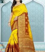 Yellow Printed Banarasi Silk Saree With Blouse