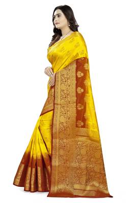 Yellow Printed Banarasi Silk Saree With Blouse 2