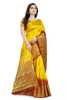 Yellow Printed Banarasi Silk Saree With Blouse 3