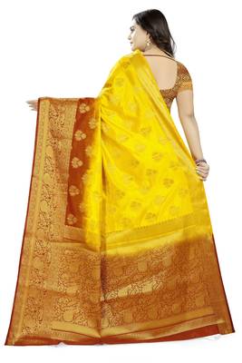 Yellow Printed Banarasi Silk Saree With Blouse 4