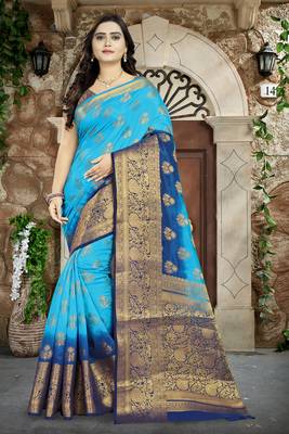 Blue Printed Banarasi Silk Saree With Blouse 1