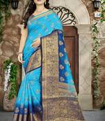 Blue Printed Banarasi Silk Saree With Blouse