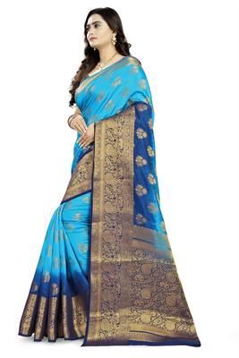 Blue Printed Banarasi Silk Saree With Blouse 2