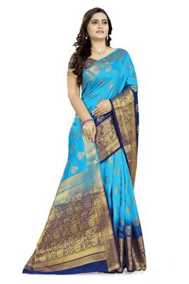 Blue Printed Banarasi Silk Saree With Blouse 3