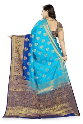 Blue Printed Banarasi Silk Saree With Blouse 4